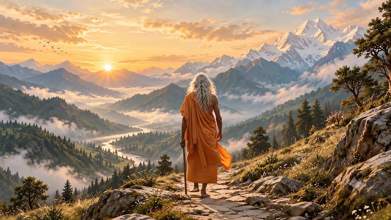A saffron-robed seeker looks across a mountain valley at dawn